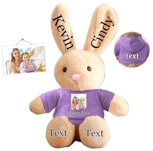 DRAJOIN Peluche Lapin Personnalisée, Lapin en Peluche Personnalisé avec Photo et Nom, Cadeau de Pâques pour Filles, Garçons, Enfants et Adultes, 35 cm
