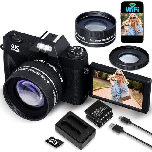 Fotocamera digitale 6K 64MP per Fotografia Vlogging Camera per YouTube, Flip Screen 180°, Zoom 16X Autofocus, Fotocamera compatta da viaggio per adolescenti, con obiettivo da 52 mm, 2 batterie, scheda