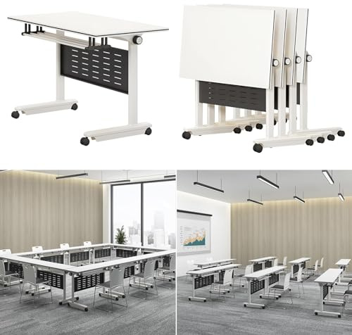 Fällbart konferensbord med tysta låshjul – mobilt flip top kontorsskrivbord för utbildning och möten, vit finish