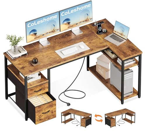 Coleshome Hörnskrivbord med 2 Tygbyrålådor,140x80cm, Brun | Reversibelt Skrivbord i L-form med Hylla, Hörnskrivbord med Uttag och USB-portar för Hemmakontor och Spel