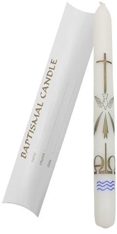 First Light Baptismal Candle 25cm Gifting Boxed White Baptism Candle with Cross and Dove Image and 42 Hour Burn Time