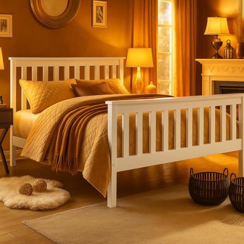 XEO HOME White 4ft Small Double Wooden Bed Frames Pine Solid Strong Wood Furniture (Small Double 4ft Bed Frame only)