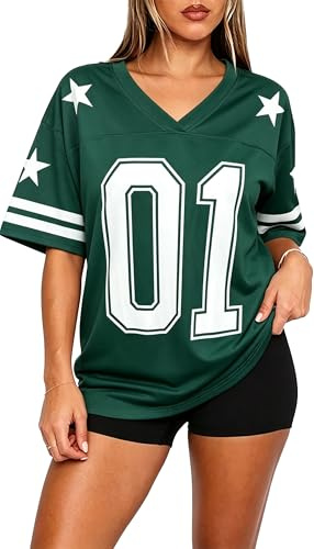 tiorhooe Jersey Tops for Women Number Graphic Oversized T Shirts Sprots Streetwear Loose V Neck Tee (Green1,XL)