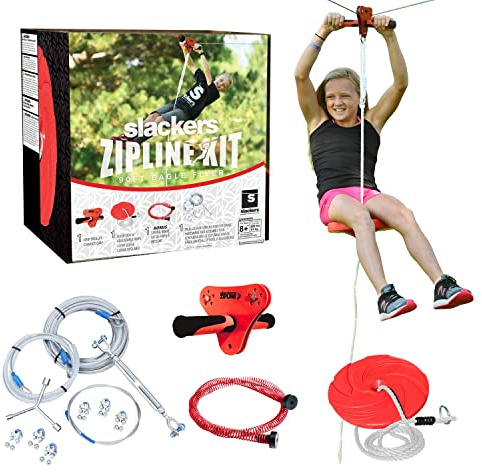 slackers 90 ft Eagle Series Zipline - Kids Zip line Kit with Safety Zipspring Brake System - Great Zipline Kit for Kids and Teens - Recommended Ages 7+