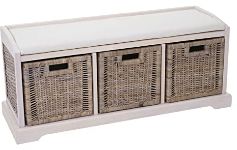 Mendler Sitzbank Bienne, Aufbewahrungsbox, 3 Körbe, Kubu-Rattan-Geflecht, 112x46x37cm - weiß