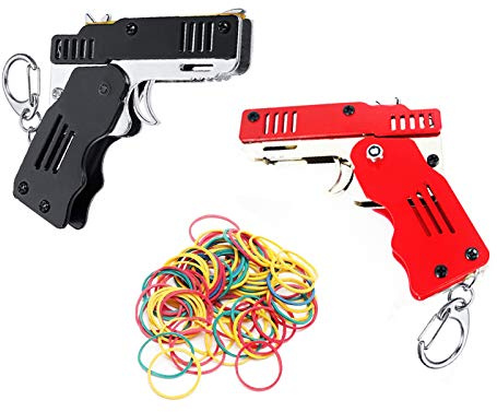 2 Pieces Rubber Band Gun Toy Easy Load Foldable Handmade Toy Gun Mini Metal Rubber Gun with Keychain and 200 Elastic Rubber Bands