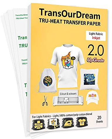 TransOurDream 20 Blatt x A4 Transferpapier für Textilien 2.0 – Transferpapier für weiße oder helle T-Shirts oder Textilien, kein Spiegeldruck, zum Aufbügeln, Tintenstrahldruck