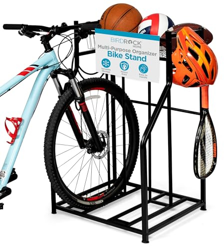 BIRDROCK HOME Bike Rack Garage Storage Floor Stand - Freestanding Organizer for Outdoor Yard - Upright Wall Mount for Scooters, Rakes, Motorcycles, Hoverboards, Gloves - Holds 2 Bicycle - Black