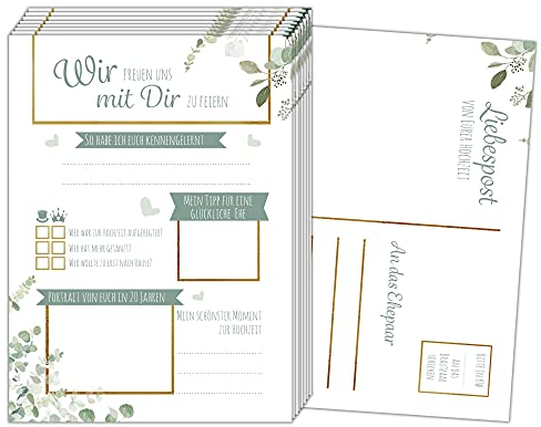 JEKA Postkarten-Spiel Hochzeit, 52 Postkarten Hochzeit, Hochzeitsspiel für Gäste, Alternative Gästebuch für Hochzeit, 52 Wochen Spiel, Postkarten mit Fragen (Grün-Gold)