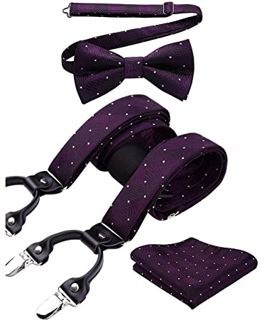 HISDERN Bretelle Uomo Eleganti Set Papillon e Bretelle Fazzoletto Viola a Pois Larghezza Regolabile Forma a Y Elastica Braces