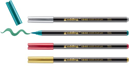 edding 1340 Metallic Pinselstift - Weihnachtsset - 4 Stifte - flexible Pinselfeder 1-6mm - Metallic-Marker zum Beschriften, Zeichnen und Skizzieren - hohe Deckkraft auch auf dunklem Papier