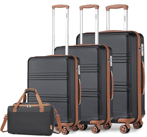 Kono Luggage Sets of 4 Piece Lightweight ABS+PC Hard Shell Cabin/Medium/Large Suitcase with TSA Combination Lock + Ryanair 40x20x25cm Cabin Bag (Black/Brown, 4 Piece Set)