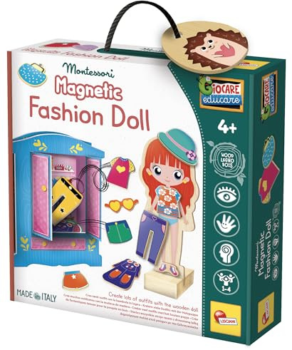 Lisciani- MONTESSORI Fashion Doll - pour Enfants dès 4 ans - Habillez vos poupées en Bois avec 26 Vêtements Magnétiques au Choix - Armoire 3D & Support - Jeu MONTESSORI