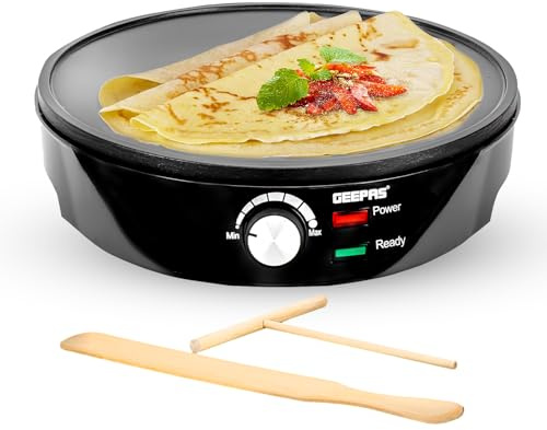 Geepas 1000W Pancake & Crepe Maker - Electric Non-Stick Cooking Plate with Adjustable Temperature Control - Power & Ready Lights Wooden Spreader & Spatula Included - 2 Year Warranty