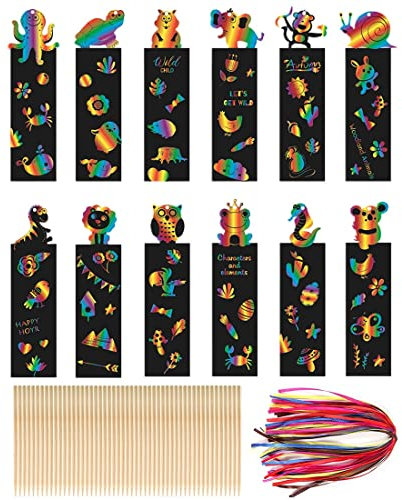 SJBAUTYO 48 Stück Kratzbilder Lesezeichen für Kinder, Kratz-Buchmarken mit Holzstiften und Bändern, Lesezeichen Personalisiert Mitgebsel Kindergeburtstag Junge und Mädchen