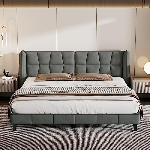 Kayan Doppelbett 180x200cm, Polsterbett mit Lattenrost und Kopfteil, Holzlattenunterstützung, Einfache Montage, Modernes Bettgestell für Erwachsene & Jugendliche, Samt, Grau (180x200cm)