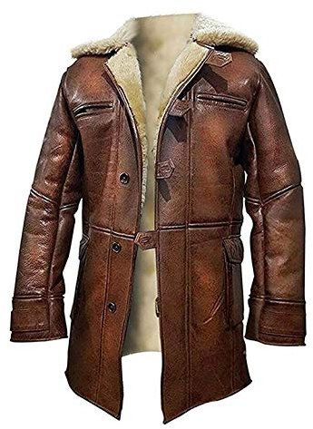 NM-Fashions Men's Bane Tom Hardy Sheepskin Shearling Long Brown Trench Coat Winter Faux Fur Fur Sherpa Leather Jacket, Large