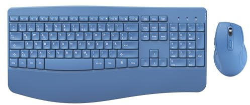 Tastatur Maus Set Ergonomisch, 2.4GHz Kabellose Tastatur und Maus, seenda Fullsize Funktastatur mit Handgelenkauflage und Nummernblock, DE QWERTZ Layout, Wireless Combo für Windows PC, Laptop, Blau