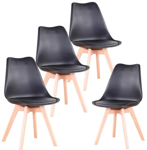 Uderkiny Set di 4 Sedie da Sala da Pranzo, Sedie Scandinave, Gambe in Legno Massello, Design Nordico ergonomico, Ideale per Sala da Pranzo, Soggiorno, Cucina, Camera da Letto (Nero, 4)