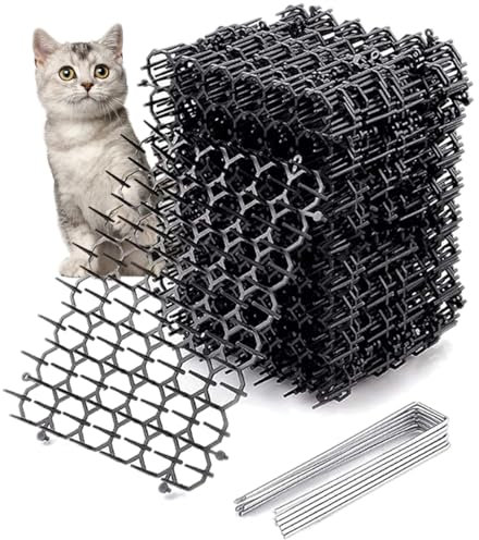 12pcs Anti Cat Spikes 15.5x20cm Cat Repellent Mats Plastic Cat Scat Mat Prickle Stirp Pet Deterrent Net with 6 U-shaped Pegs for Garden, Fence
