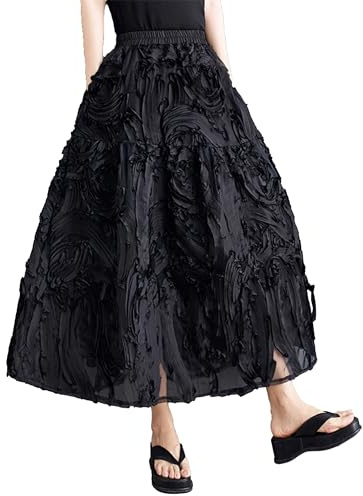 ellazhu Women's Skirt Pleated Loose Tulle A-line Summer GZ206 Black
