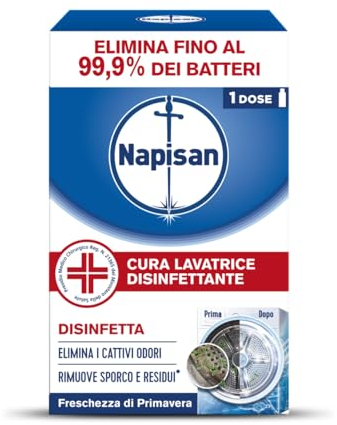 Napisan Cura Lavatrice Disinfettante Freschezza di Primavera, Elimina i Cattivi Odori, Rimuove Sporco e Residui di Sapone, Confezione da 250ml