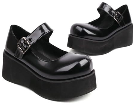KUHAOFEU Women's Platform Mary Janes Wedge Heel Uniform Dress Shoes Heeled Gothic Lolita Oxfords with Adjustable Ankle Buckle,Black,1 UK