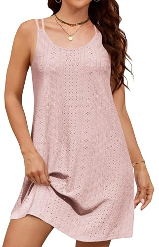 Zeagoo Sommarklänning damklänningar elegant strandklänning ärmlös fritidsklänning knälång en linje rund hals miniklänning spagettiklänning axelbandsklänning casual enfärgad S–XXL, ROSA, XL