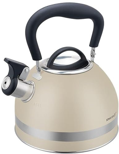Kinghoff Wasserkessel 1.8L aus Edelstahl, Pfeifkessel Induktion, klein Flötenkessel, Teekessel mit Einklappgriff, Wasserkocher für alle Kochplatten, Kessel matt beige KH-1854