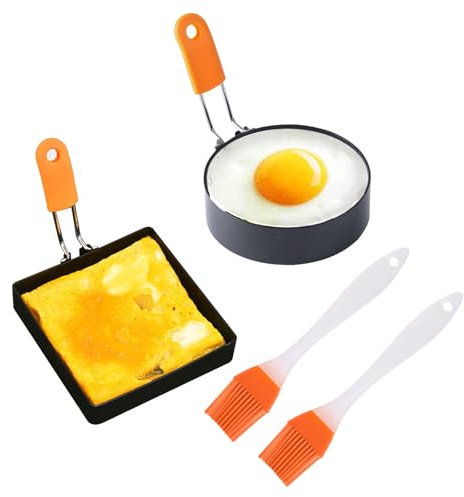 2 Pcs Fried Egg Ring and 2 Pcs Silicone Brush, Stainless Steel Egg Rings for Frying, Pancake Mould with Anti-Scald Handle for Perfectly Shaped Eggs, Pancakes,for Kitchen Cooking Tool