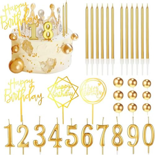 Wonninek 34Pcs Gold Cake Decorations Fits all Ages, Birthday Party Supplies with Candles Balloon Cake Topper Dessert Decoration for Wedding Birthday Anniversary Holiday
