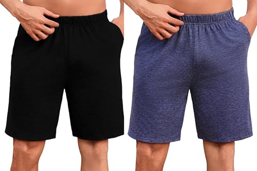 Uniexcosm Pantalones Cortos de Pijama para Hombre Verano Algodón Pantalón Shorts con Bolsillos Casual Ropa de Dormir Negro+Azul Oscuro L