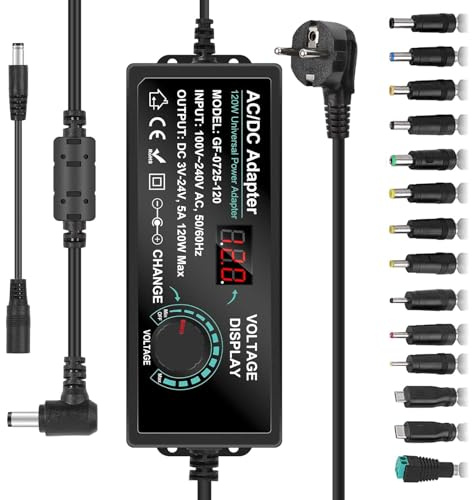 Fuente de Alimentacion Regulable, 3V-24V Adaptador de Corriente Universal Regulador de Voltaje Transformador, 5A 100 V-240 V CA a CC Convertidor de Corriente con Pantalla de Tensión LED y 14 Puntas