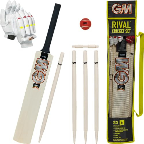 GM | Rival Ensemble de Cricket en Bois | 1 Batte Rival, 1 Paire de Gants de Frappe, 1 Balle de Tennis Rouge Souple, 4 souches et 1 bélière | Sac de Transport | Taille 6 Convient pour Les Joueurs de