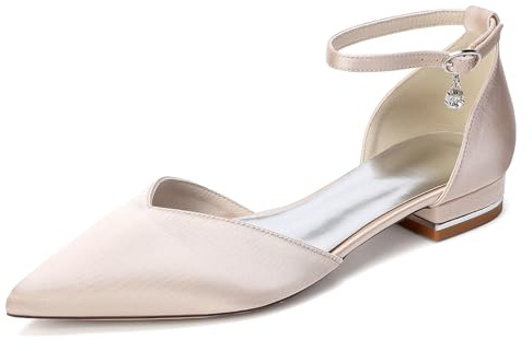 Generico Scarpe Sposa Donna in Raso Punta Affusolata Tacco Basso Largo Cinturino alla Caviglia Eleganti Scarpe da Matrimonio,Champagne,38 EU