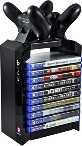 Official Sony PlayStation 4 Game Storage Tower and Twin DualShock Controller Charger Accessory by Numskull, PlayStation Games Stand and Dual Controller Dock, Stores 10 PS4 Games or Blu Ray Disks