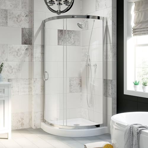 Miseno MSD3478 Breeze 35 in. L x 35 in. W x 77 in. H Round Corner Shower Kit With Sliding Door and Shower Base Pan (Walls not Included) - Chrome/Clear