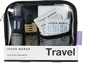 Jason Markk Reise Schuhreinigungsset - 2oz/59ml Premium Schuhreiniger, Mini Premiumbürste, 23cmx23cm Mikrofasertuch und 3 Quick Wipe Tücher - Reinigt und pflegt Schuhe effektiv - Ripstop Nylon Etui