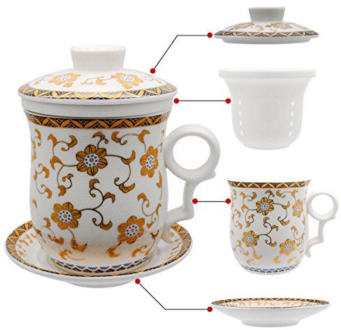 Hollihi Tasse à thé avec couvercle, soucoupe, filtre, en porcelaine chinoise de Jingdezhen