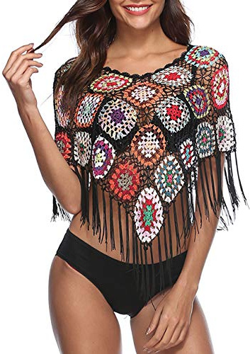 xxxiticat - Haut de Bikini pour Femme - Broderie ajourée - Poncho à Franges - Ourlet en Crochet - Motif Floral - Noir - Taille Unique