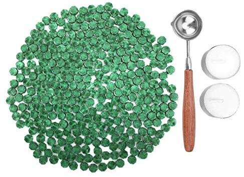 Kelzia Veganes Siegelwachs - Achteckige Siegelwachsperlen mit 2 Teelichtern & 1 Schmelzlöffel, ohne Wachsstempel - Stempelwachs zur Versiegelung & Dekoration von Briefen - 230 Stück (SMARAGD)