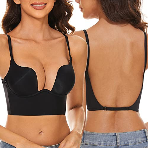 seagallery Womens Low Back Bra Wire Lifting Deep U Shaped Plunge Backless Bra with Clear Straps Convertible Bra