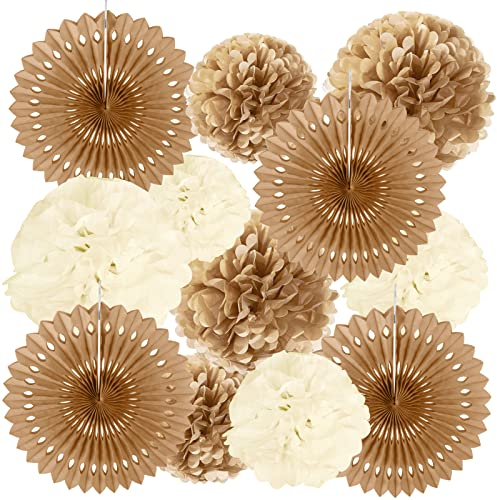 HONMOK 12 Stück Braun Beige Party Deko Set Vintage Hochzeit Dekoration Beige Braun Seidenpapier Pompoms Papierfächer Boho Deko für Hochzeit Babyparty Abschluss Geburtstagsdeko