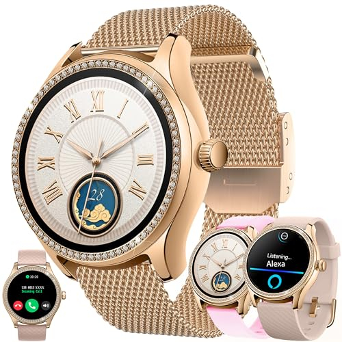 Smartwatch Damen mit Telefonfunktion Alexa Integriert, 1,38 Diamant IP68 Sportuhr mit 100+ Sportmodi, Herzfrequenz Blutdruckmessung, Schrittzähler, 3 Uhrenarmband, Fitnessuhr für iOS Android (Gold)