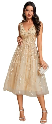 Ever-Pretty Abito da Cerimonia Paillettes Elegante Donna Senza Schienale Foglia Scollo A V Linea A Vita Impero Abito da Ospite di Nozze Donna Scintillante Oro 42