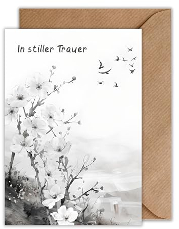 WBdesignz Trauerkarte mit Umschlag - Beileidskarte mit Blüten und Vögeln - Kondolenzkarte Beerdigung Karte (DIN A6)