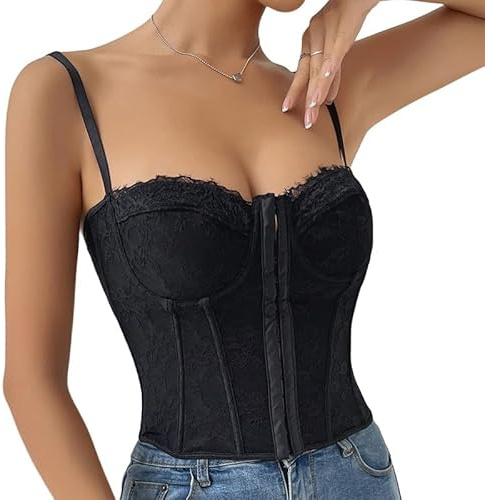Haibang Corsé para Mujer Corpiño de Encaje Floral Vintage Corset Top con Tirantes Delgados Ajustado Camiseta sin Mangas Sexy Bustier sin Espalda Body Shaper Lencer para Salir de Fiesta o Club