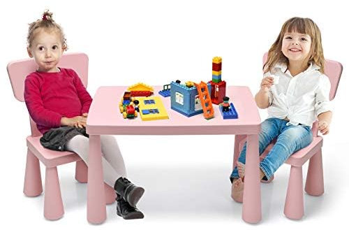 COSTWAY 3 TLG. Kindertisch mit 2 Stühlen, Kindertischgruppe, Kindersitzgruppe, Kindermöbel aus Kunststoff, Kinder Tischset für Kindergarten und Kinderzimmer (Pink)