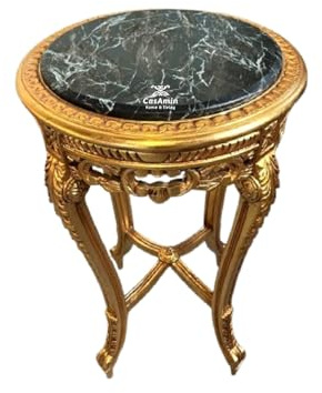 CasAmin Home & Living Runder Beistelltisch aus Holz im Retro Barock Rokoko Stil Handgefertigt mit Grünlicher Marmorplatte Couchtisch mit Gold Finish Beistelltisch für die Wohnzimmerdekoration