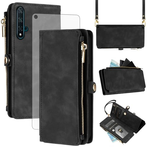 Asuwish Handyhülle für Huawei Nova 5T/Honor 20 Hülle mit Band und Folie Schutzfolie RFID Kartenfach Klappbar Leder Blumen Geldbörse Ständer Hawaii Honor20 Pro 20S T5 YAL-L21 Handy Wallet Case Schwarz